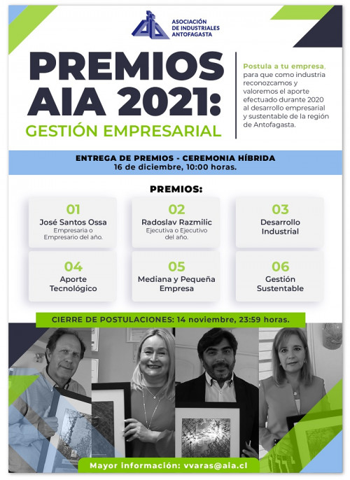 Premios AIA 2021: gremio invita a destacar trayectoria empresarial y ejecutiva al servicio del desarrollo regional