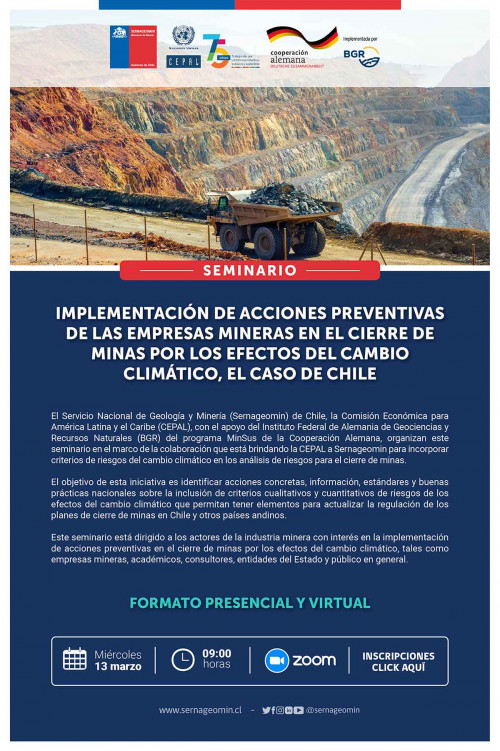 Sernageomin realizará seminario de cierre de minas por efectos del cambio climático en Chile